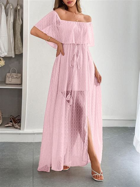 Pink Off The Shoulder Tulle Wedding Guest Dress