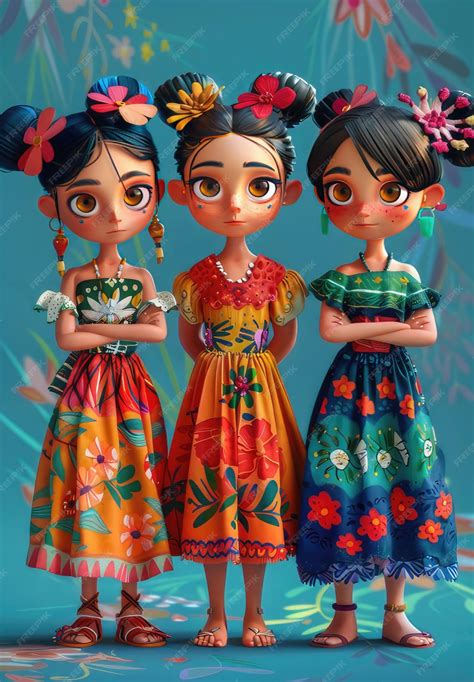 Premium Photo | Cartoon illustration of 3 beautiful mexican girls and