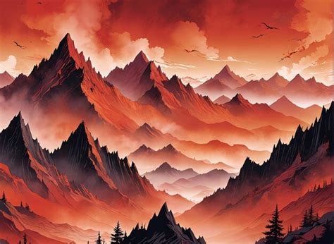 Premium Photo | A red sunset with mountains and trees