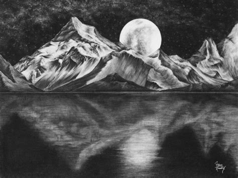 Moonlight hand drawn charcoal design of mountains at night by #studiosixtyone | Charcoal art ...