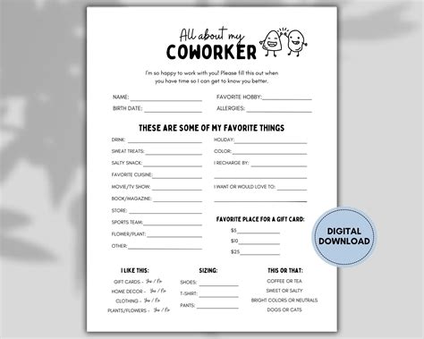 Printable Employee Favorites List | Favorite Things Survey | All About