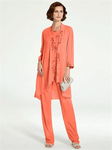 Chiffon Round Neck Floor-Length Mother of the Bride Pantsuits with Jac