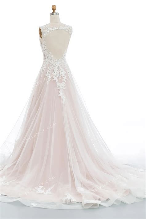 Elaborate Embroidered Lace Pink Nude Wedding Dress - BETANCY