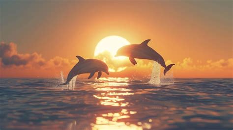 Conceptual image of a sea sunrise with dolphins leaping out of the sea ...