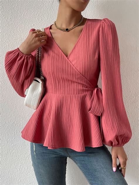 bishop sleeve knot side wrap peplum blouse   peplum top outfits