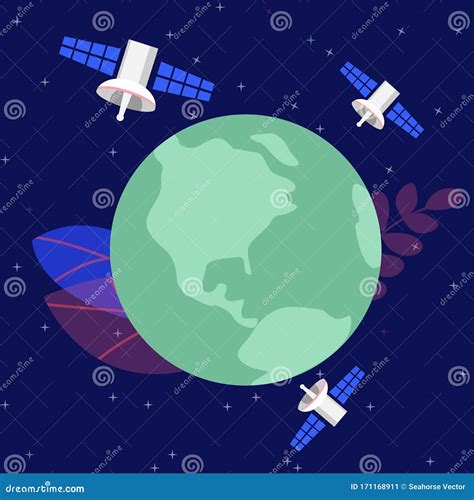 Satellite Orbiting Around Planet, Earth Ecology Concept Vector