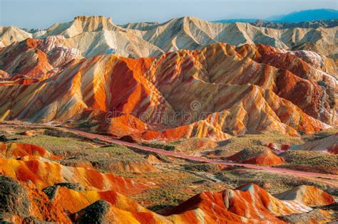 Amazing Scenery of Rainbow Mountain and Blue Sky Background in Sunset