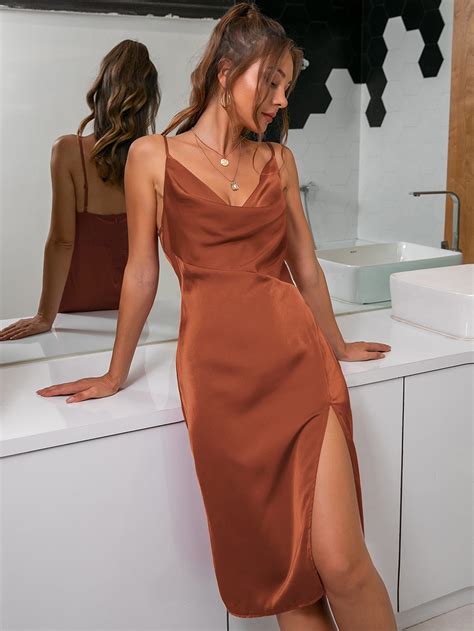 split thigh cowl neck satin cami dress shein usa  size sundress