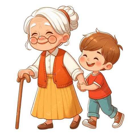 A Boy Helping Old Grandma, Grandmother, Helping, Boy Walking With