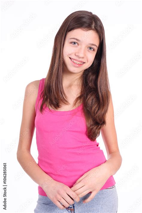 beautiful young teen girl  brackets  teeth  white stock photo