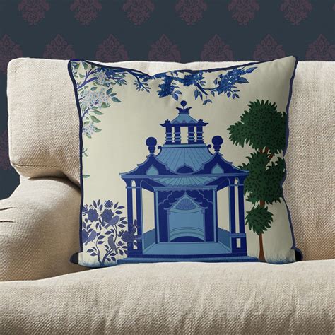 Chinoiserie Pillow Covers Blue Green and White Pagoda No.2 Oriental