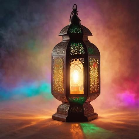 Premium Photo | Arabic lamp with colorful light with fog background