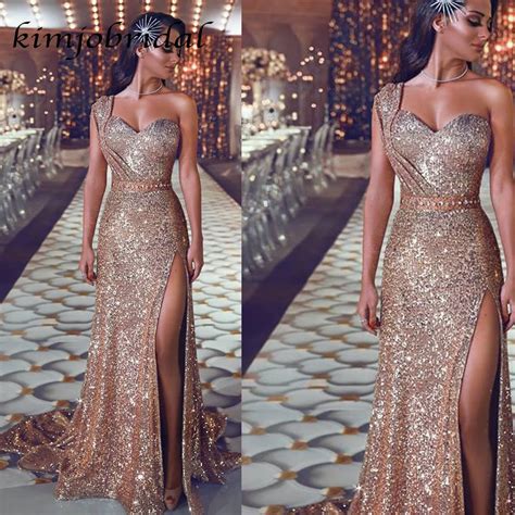 SuperKimJo sparkly gold sequins prom dresses one shoulder prom dress ...