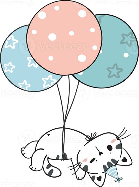 cute kawaii funny white kitty cat hanging with birthday party balloons
