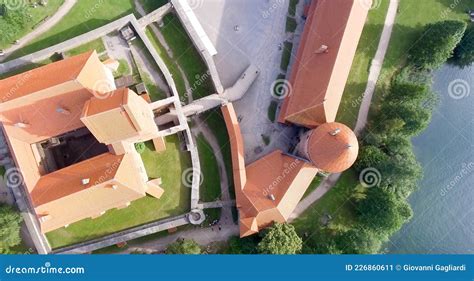 overhead aerial view  ancient castle surrounded  water stock image
