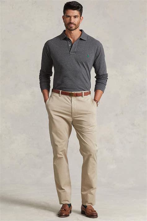 mens khaki pants long sleeve knitted grey polo shirt  brown