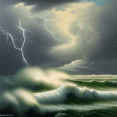 Landscape Sea Waves Storm Rain Lightening Painting Masterpiece ...