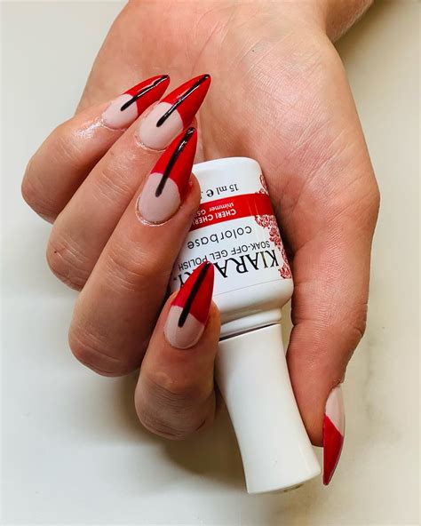 red french tip nails with glitter line 11