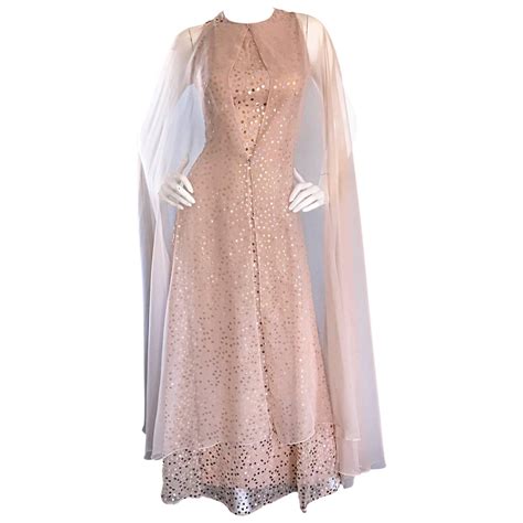 Pat Sandler Vintage 1960s Nude Silk Chiffon Sequined 60s Gown w