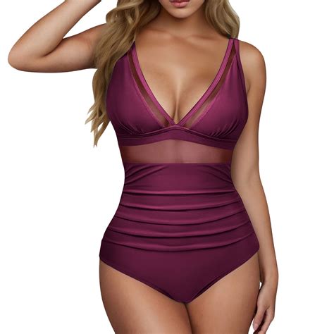 One Piece Bikini for Womens Deep V Neck Tankini Swimsuits Sheer Mesh