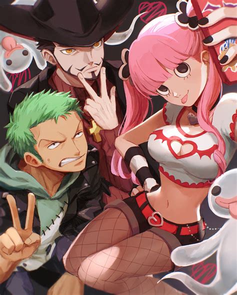 roronoa zoro, perona, and dracule mihawk (one piece) drawn by