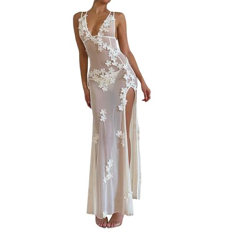 Sexy See Through Sheer Lace Maxi Dress Floral Lace Patchwork Backless