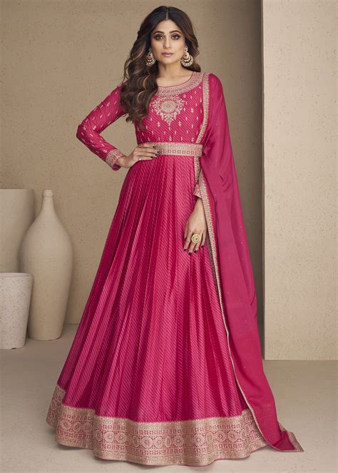 Dark Pink Chinon Silk Anarkali Gown - Urban Womania