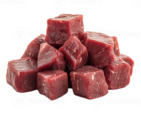 Freshly cut meat cubes stacked artfully for culinary presentation