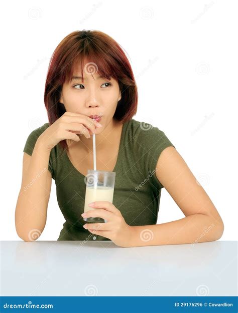 Young Asian Woman with a Glass of Milk Stock Photo - Image of brunette