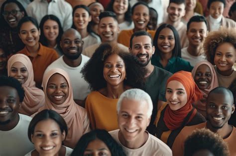 premium photo high angle shot large group  multi ethnic people smiling