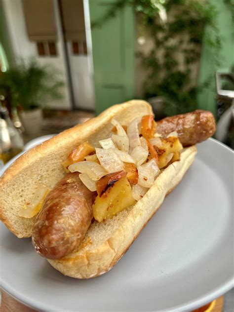 Grilled Bratwurst Sausages with a Grilled Apple and Onion Relish