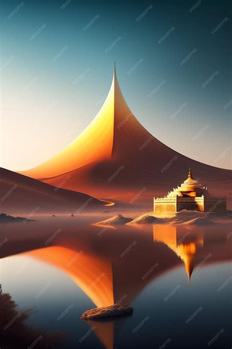 Premium AI Image | A desert scene with a giant pyramid and a building