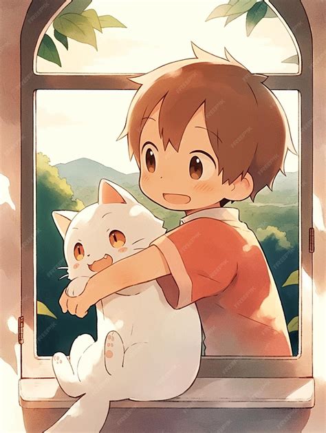 Premium Photo | Anime boy holding a white cat sitting in a window sill generative ai