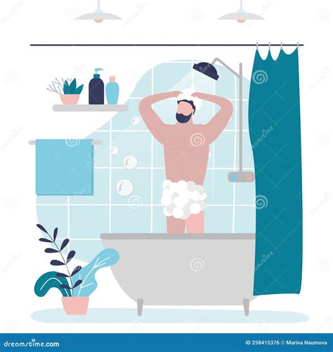 Male Character Washing Hair With Shampoo. Naked Man Bathing In Shower
