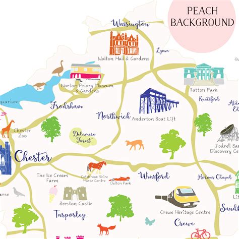 Illustrated hand drawn Map of Cheshire by UK artist Holly Francesca.