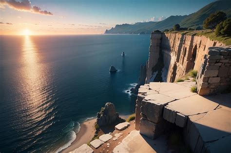 Premium AI Image | A sunset over the sea with a cliff and a cliff in ...