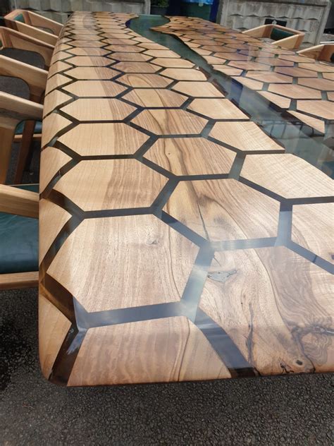 Custom Honeycomb Epoxy Resin River Table, Clear Resin Walnut Table