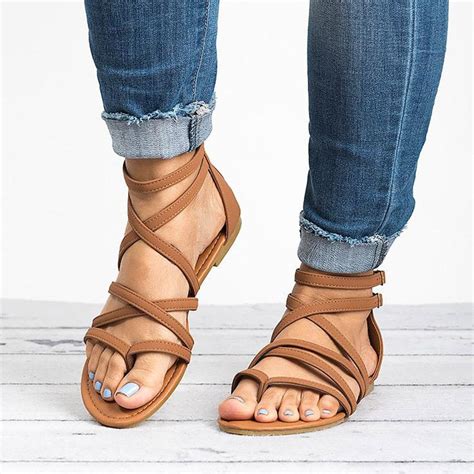 Women Sandals Fashion Gladiator Sandals For Ladies Summer Shoes Female Flat Rome Style Cross ...