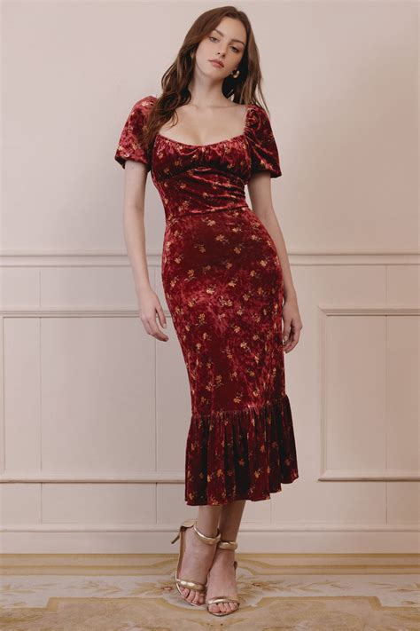 Brielle Floral Velvet Midi Dress in Burgundy Red | Fancy dresses