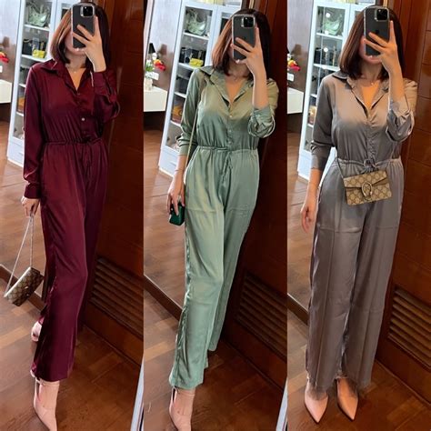 jual jumpsuit silk full kancing hidup jumpsuit mewah busui friendly
