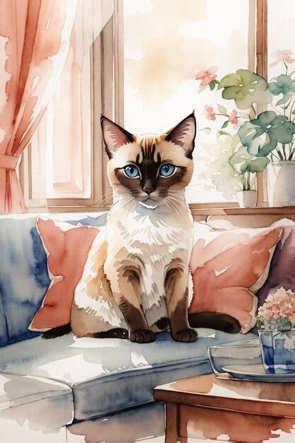 Premium AI Image | Cute Siamese Cat Watercolor Sketch Illustration