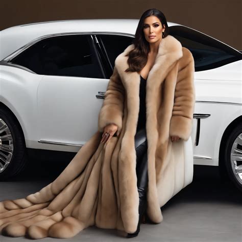 A woman in a long fur coat standing next to a car - SeaArt AI