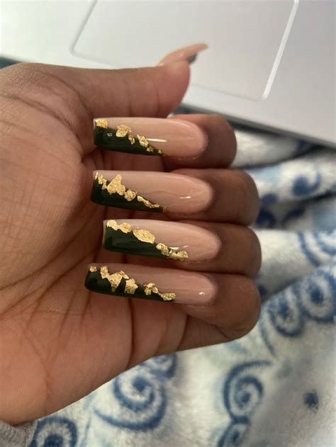 Dark green fall gold nails | Gold acrylic nails, Dark green nails, Gold nails