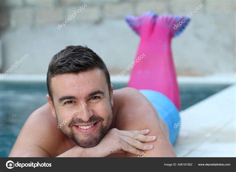 Close Portrait Handsome Young Man Mermaid Tail Swimming Pool — Stock ...