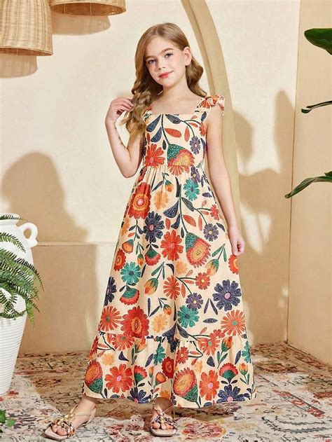Tween Girls Woven Floral Print Square Neck Cap Sleeve Maxi Dress