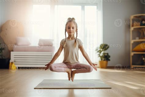 Little girl yoga pose on floor mat. Generate Ai 28561584 Stock Photo at