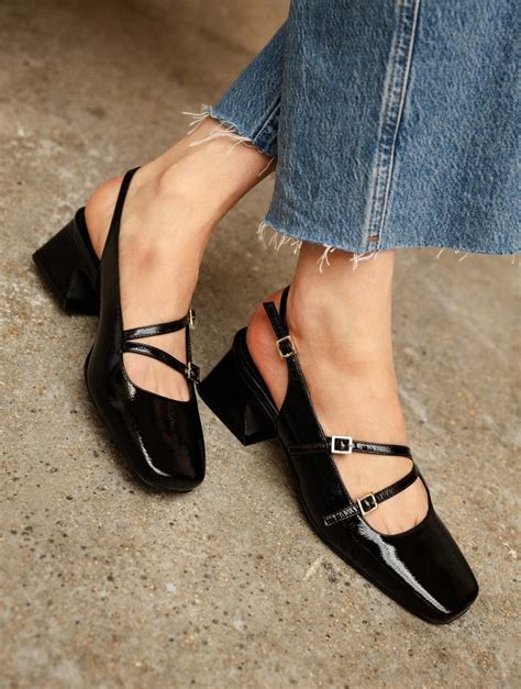maddie noir vinyl escarpins slingback  talons mi hauteur en cuir verni noir