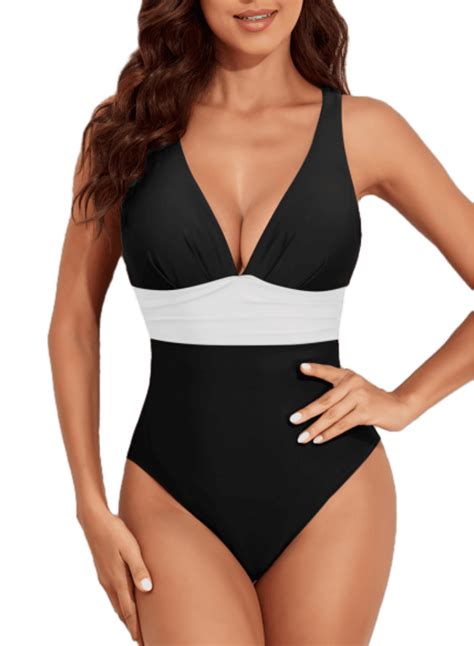 SHEWIN Swimsuit Women One Piece Bathing Suits Sexy V Neck Striped Tummy
