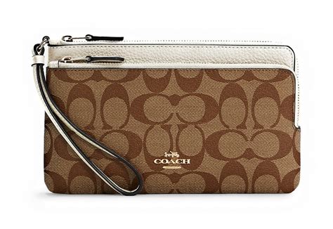 coach womens wristlet double zip wallet  signature canvas khaki