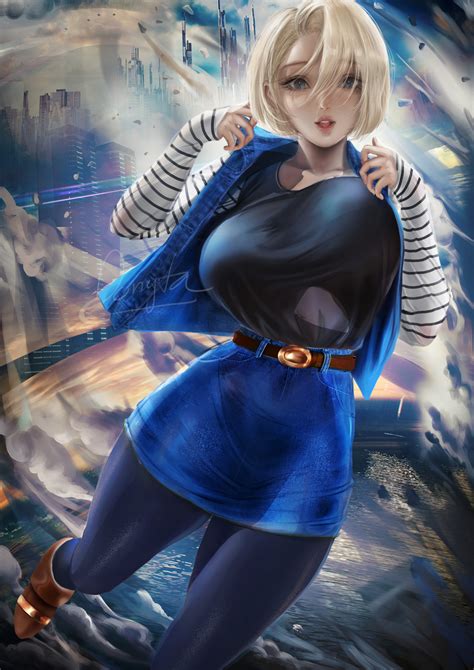 Bakrunner : Android 18, Dragon Ball Z, anime jenter, 2D, kunstverk